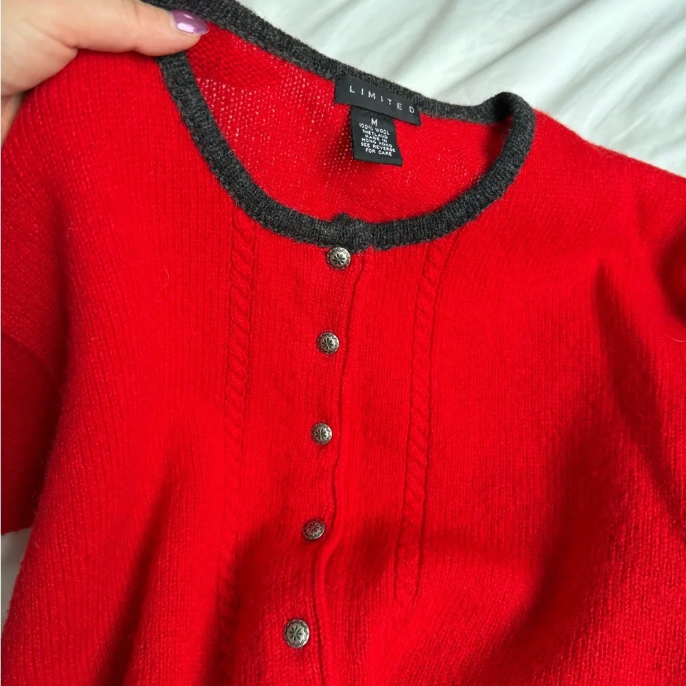 Red Button-Up Women's Sweater by Limited %100 wool in bright red color - Picture 3 of 11